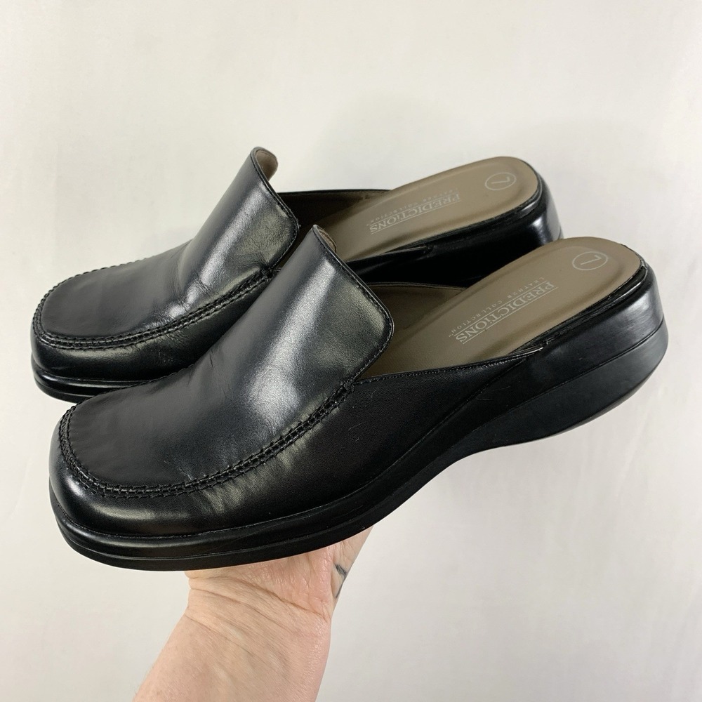 VTG Predictions Womens Y2K Square Toe Leather Mule Clogs Size 7 Black Academia